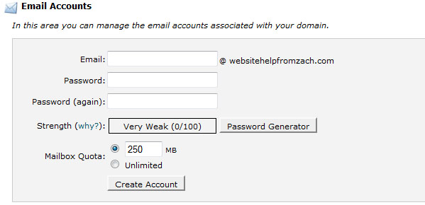 website help - cPanel e-mail address creation screen