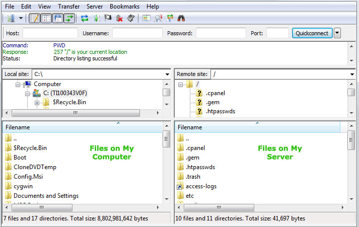 File Zilla view when logged in to your server