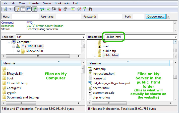 File Zilla view when logged in to the public_html folder on your server