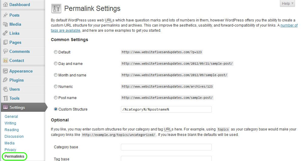 Wordpress admin permalinks pretty URL settings